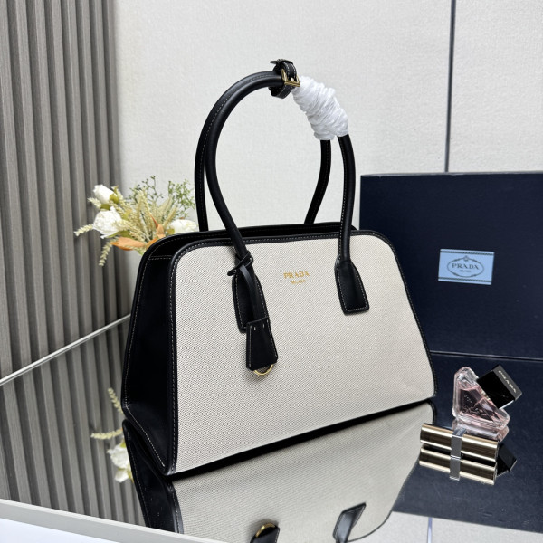 Pra*a medium linen blend and leather tote bag - 35*22.5*18cm